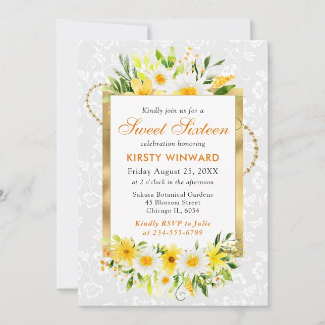Daisies & Yellow Summer Flowers Gold Foil Sweet 16 Invitation (Front)