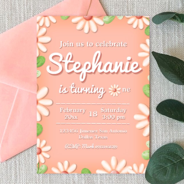 Daisy 1st Birthday Girl Invitation (Daisy 1st Birthday Girl Invitation - Peach Pastel Color - Boho Themed)