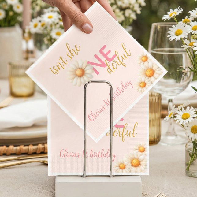 Daisy 1st Birthday Isn't She ONEderful Pink Boho Napkin (Daisy 1st Birthday Isn't She ONEderful Pink Boho Napkins)