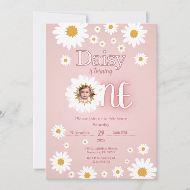 Daisy 1st Birthday Photo Invitation (Front)