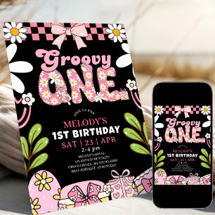 Daisy 1st Birthday Pink and Black Retro Birthday  Invitation
