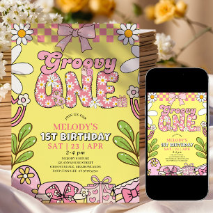 Daisy 1st Birthday Pink and Yellow Retro Birthday  Invitation