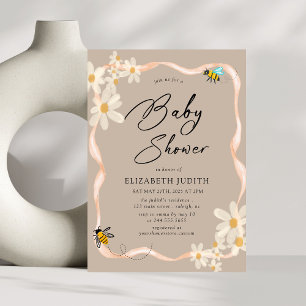  Daisy and Bees Floral brown Baby Shower Invitation