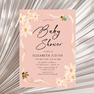 Daisy and Bees Floral Pink Baby Shower Invitation