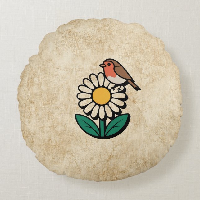 Daisy and Bird Design Round Cushion (Front)