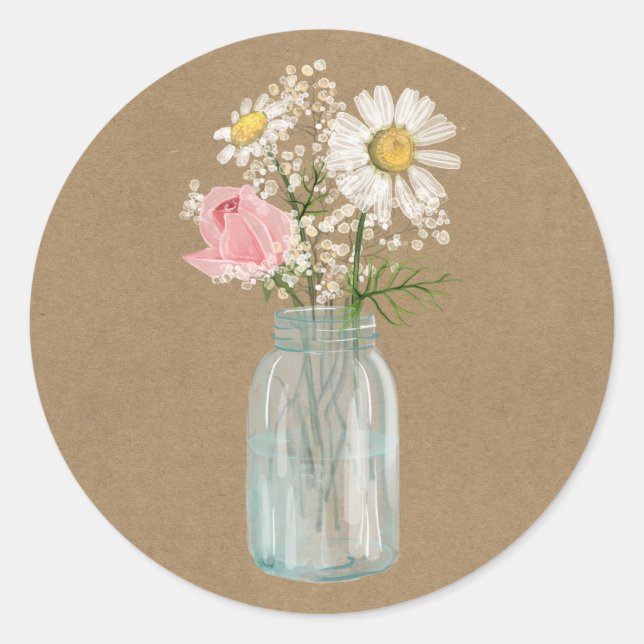 Daisy and Rose in Mason Jar Rustic Kraft Paper Classic Round Sticker (Front)