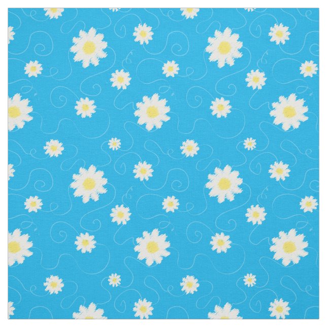 Daisy and Swirl Blue White Floral Pattern Fabric (Swatch)