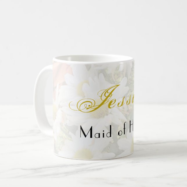 Daisy Background Yellow and Grey Bridesmaid Coffee Mug (Front Left)