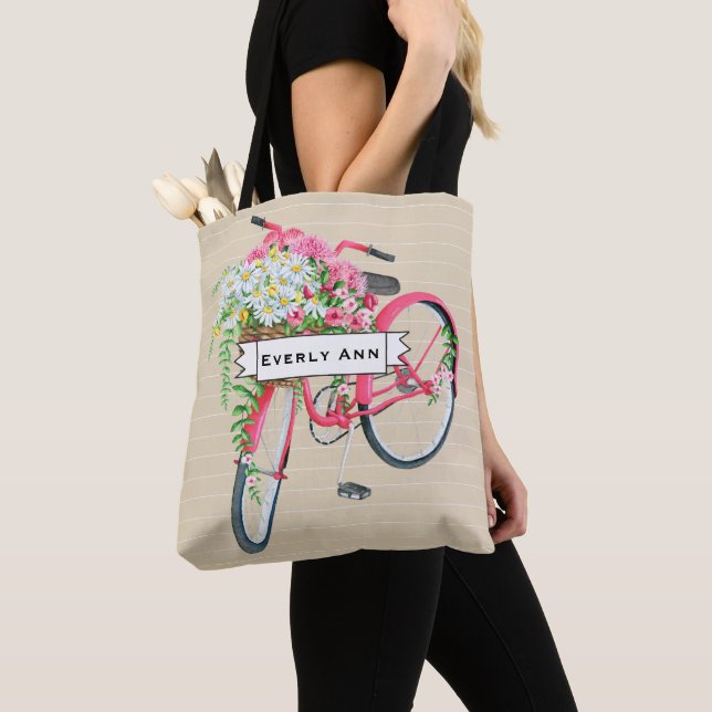 Daisy Basket Retro Pink Bicycle Pattern Tote Bag (Close Up)