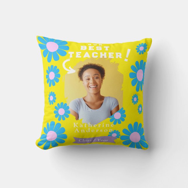 Daisy Best Teacher Photo Bright Yellow Cushion (Front)