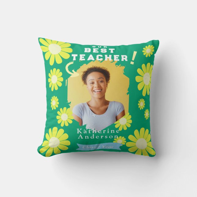 Daisy Best Teacher Photo Green Cushion (Front)