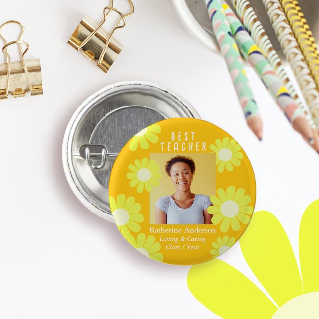 Daisy Best Teacher Photo Yellow Orange 3 Cm Round Badge (Daisy Best Teacher Orange Yellow Button.)