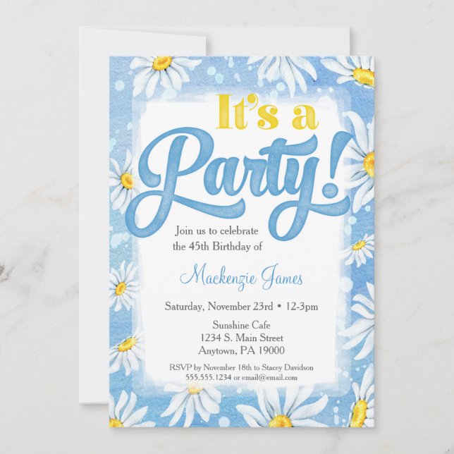 Daisy Birthday Invitation Blue Yellow Floral (Front)