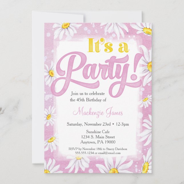 Daisy Birthday Invitation Pink Yellow Floral (Front)