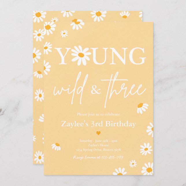 Daisy Birthday Party Bohmian Young Wild And Three  Invitation (Front/Back)