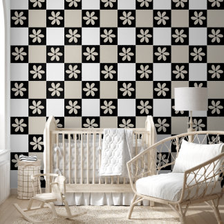 Daisy Black And Neutral Retro Checkerboard  Wallpaper