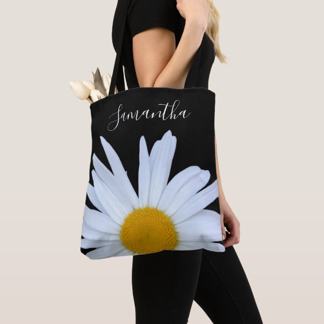 Daisy Black White Script Tote Bag (Close Up)