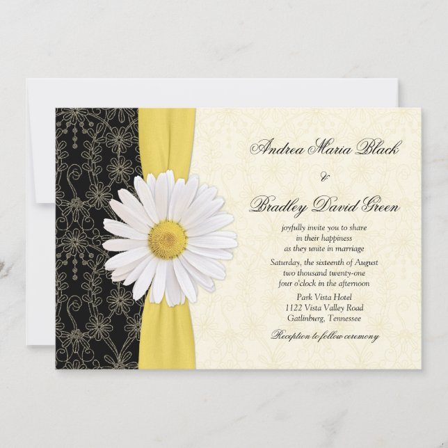 Daisy Black Yellow, Ivory Wedding Invitation (Front)