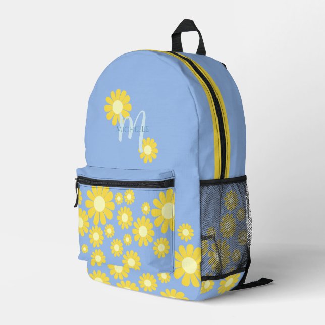 Daisy Blue Green Printed Backpack (Back Corner Right)