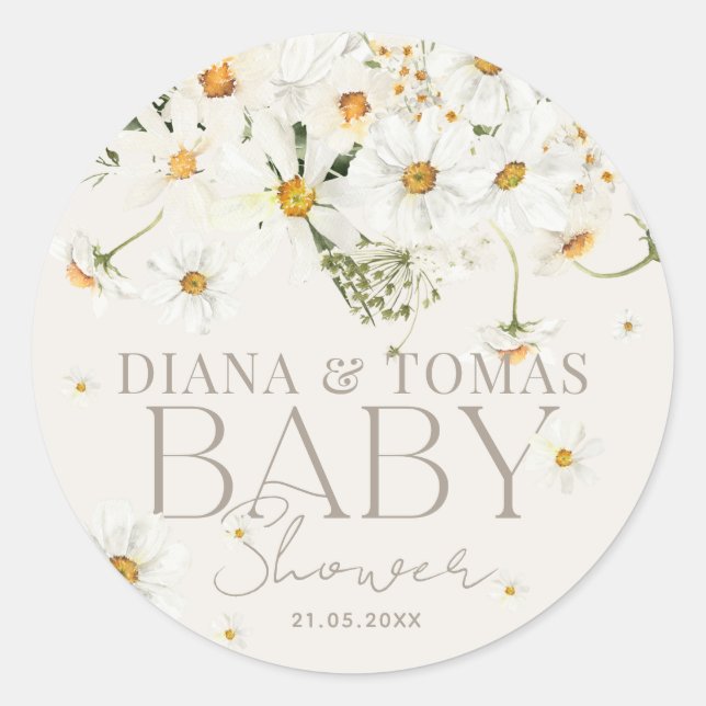 Daisy Boho Baby in Bloom Shower  Classic Round Sticker (Front)