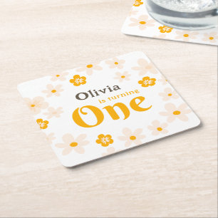 Daisy Boho Floral 1st Birthday Square Paper Coaster
