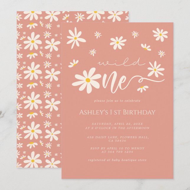 Daisy Boho Wild One 1st Birthday Peach Invitation (Front/Back)