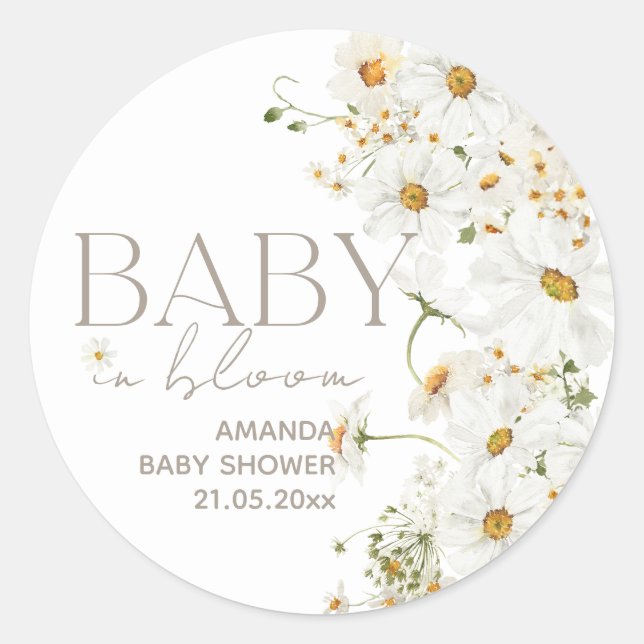 Daisy Boho Wildflower Baby in Bloom Shower Classic Round Sticker (Front)