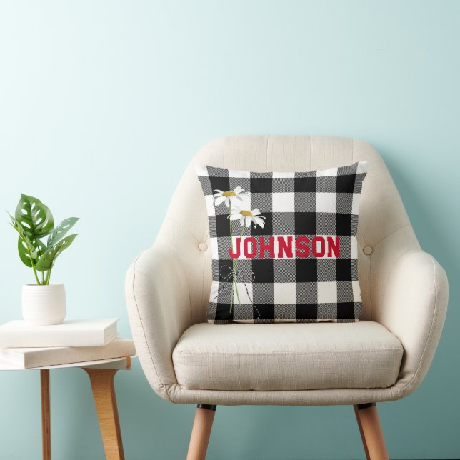 Daisy Bouquet and Name On Buffalo Plaid Cushion (Chair)