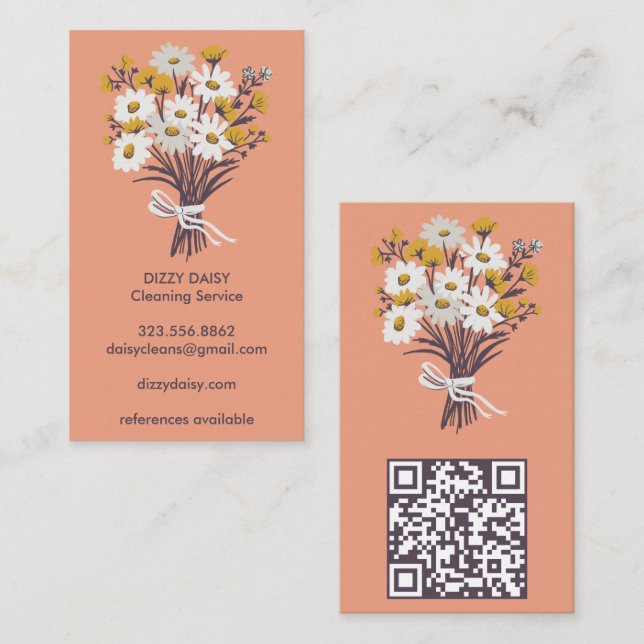 Daisy Bouquet Cute Cleaning Service QR Code Business Card (Front/Back)