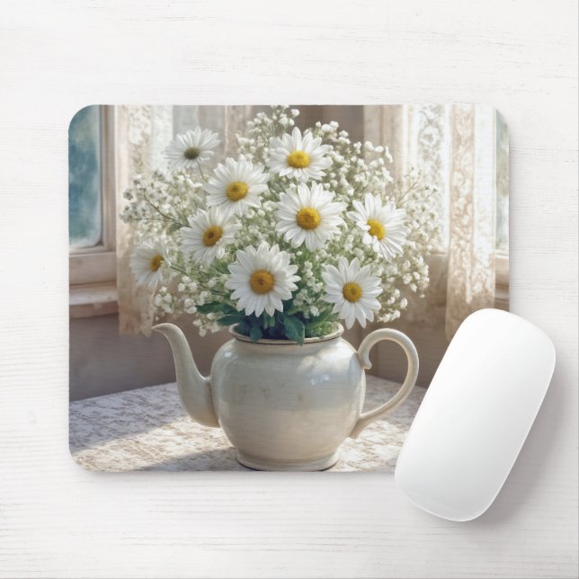 Daisy Bouquet in an Antique Teapot Mouse Pad (With Mouse)