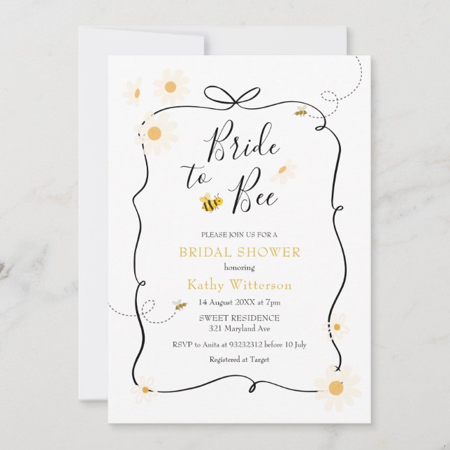 Daisy Bow Ribbon Modern Bee Bride to Bee Bridal Invitation (Front)
