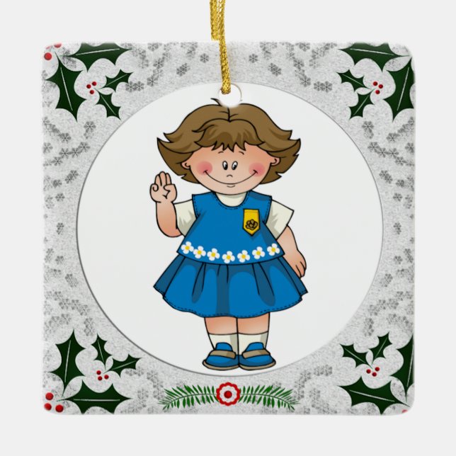 Daisy Brunette Holly Corners Frame Ceramic Ornament (Front)