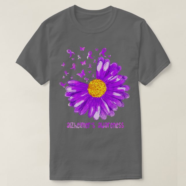 Daisy Butterfly Purple Ribbon Alzheimer's Awarenes T-Shirt (Design Front)