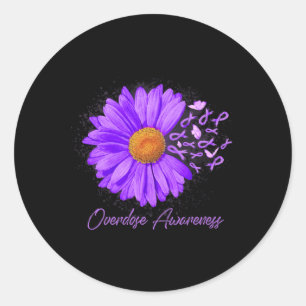 Daisy Butterfly Purple Ribbon Overdose Awareness 4 Classic Round Sticker