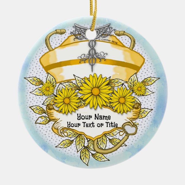 Daisy caduceus nurse  ceramic tree decoration (Front)