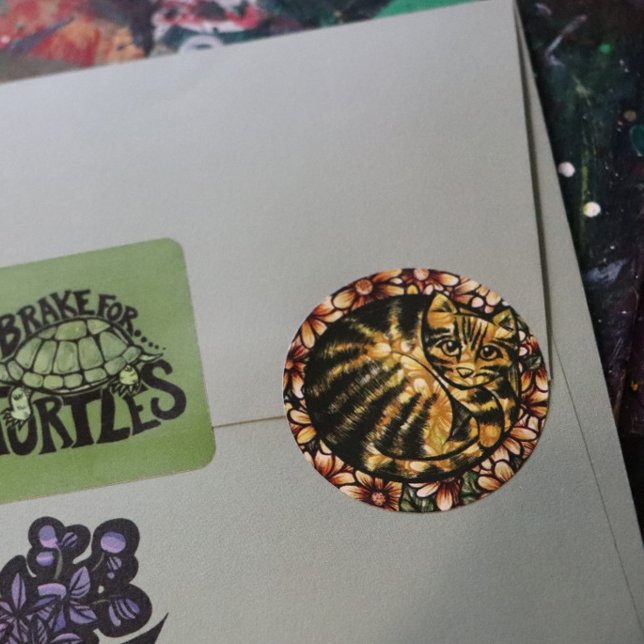 Daisy Cat Floral Cats tabby flower catruday        Classic Round Sticker (Creator Uploaded)