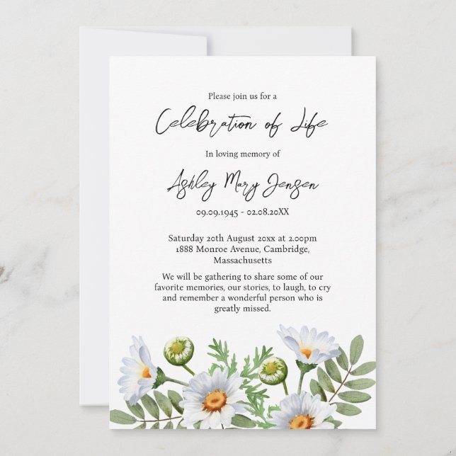 Daisy Celebration of Life Photo Funeral  Invitation (Back)