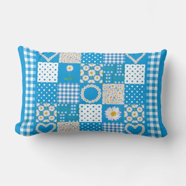 Daisy Chain Hearts Faux Patchwork on Sky Blue Lumbar Cushion (Front)