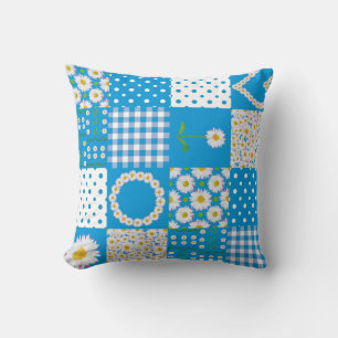 Daisy Chains Faux Patchwork, Stripes, Polka Dots Cushion