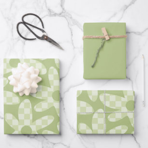 Daisy Check Sage Green Retro Modern Pattern Wrapping Paper Sheet