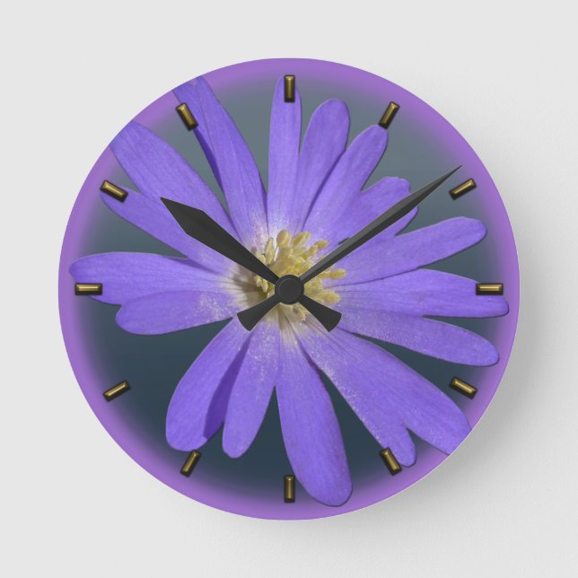 Daisy Clock Purple Daisies Blue Flower Wall Clock (Front)