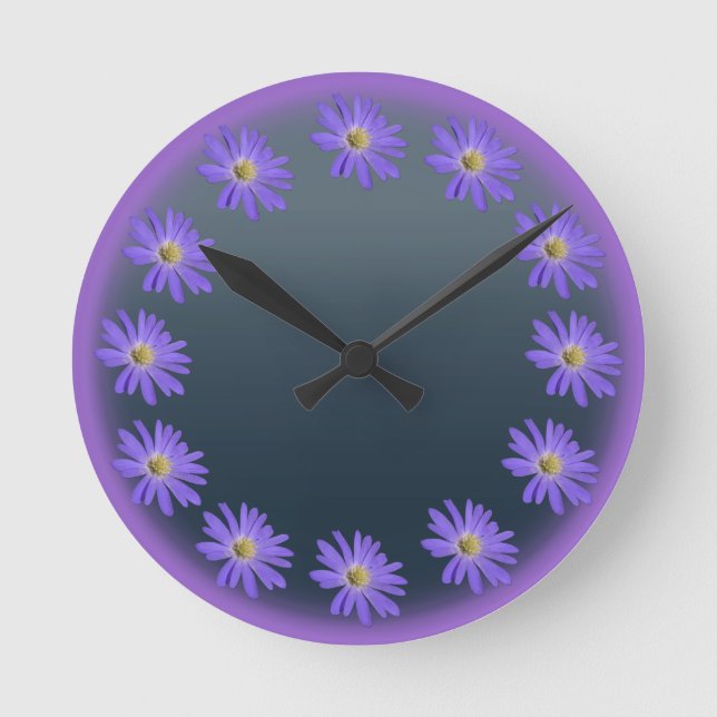 Daisy Clock Purple Daisies Blue Flower Wall Clock (Front)