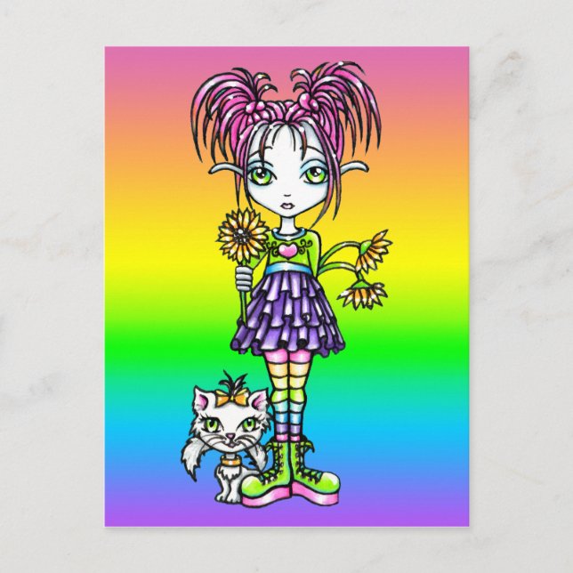 "Daisy" Cute Cat Rainbow Flower Child Postcard (Front)
