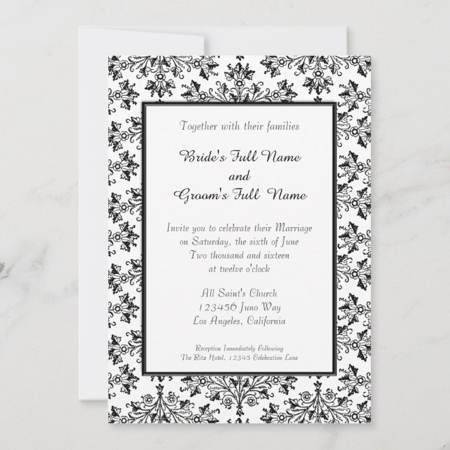 Daisy Damask Black White Custom Wedding Invitation (Back)