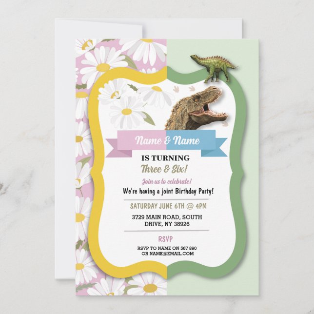 Daisy & Dinosaur Joint Boy Girl Birthday Invitation (Front)