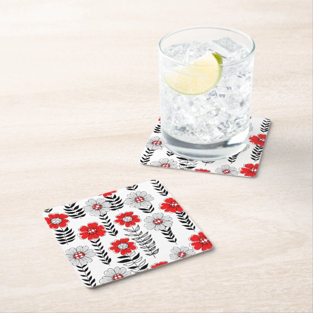Daisy doodles  in red and black square paper coaster (Insitu)