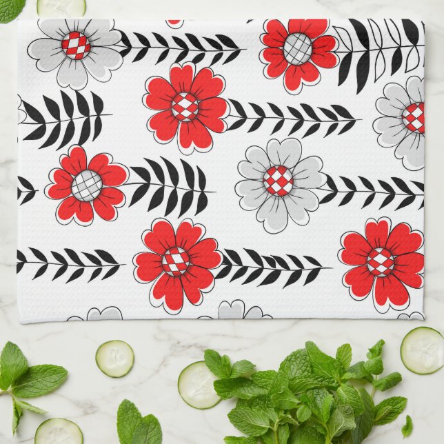 Daisy doodles  in red and black tea towel (Folded)
