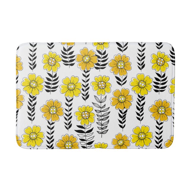 Daisy doodles  in yellow and black bath mat (Front)