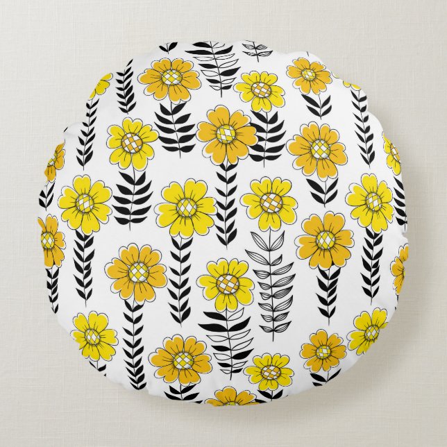 Daisy doodles  in yellow and black round cushion (Front)