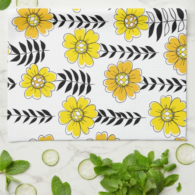 Daisy doodles  in yellow and black tea towel (Folded)